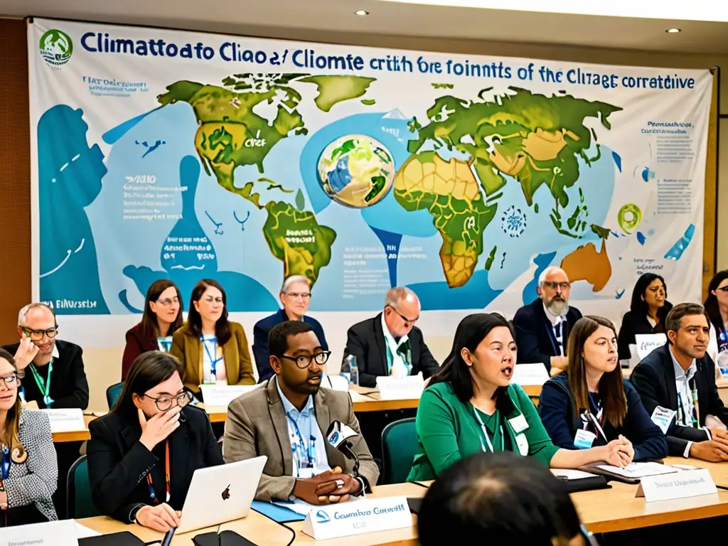 Grupo diverso de activistas y voluntarios en conferencia, planeando estrategias para acuerdos internacionales en lucha contra cambio climático