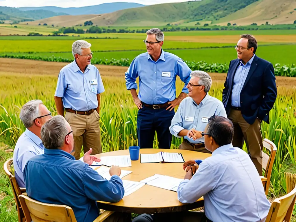 Un grupo diverso de agricultores y propietarios de tierras se reúnen con expertos en conservación y funcionarios gubernamentales para discutir los incentivos económicos para la conservación de tierras privadas en un entorno rural pintoresco