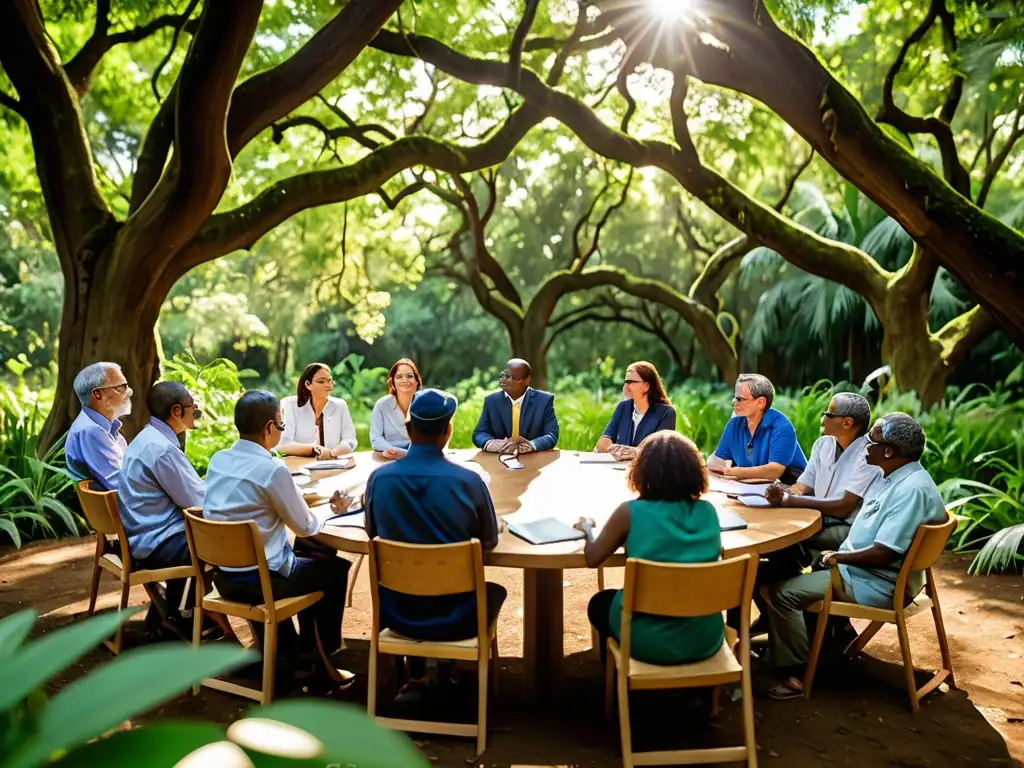 Un grupo diverso se reúne bajo un árbol en un bosque exuberante