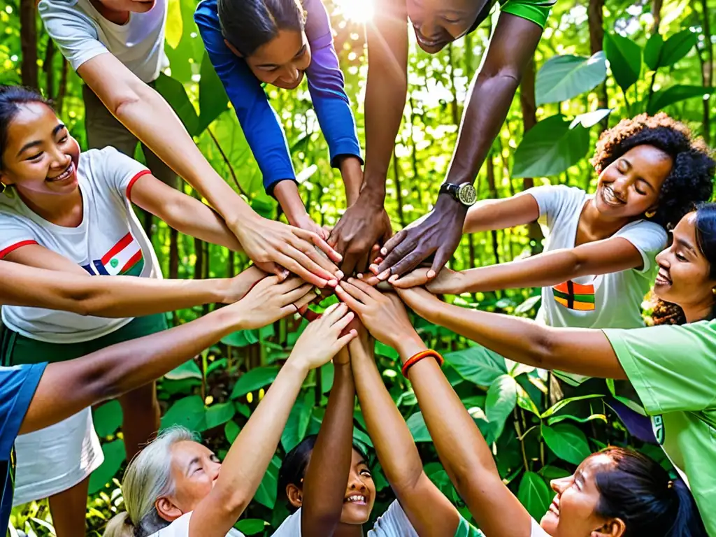 Un grupo diverso plantando árboles en el bosque, unidos por banderas de diferentes países