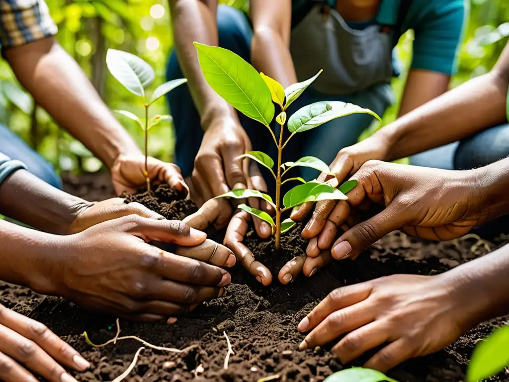 Grupo diverso planta árboles en bosque frondoso, transmitiendo cuidado ambiental y financiamiento público proyectos ecológicos