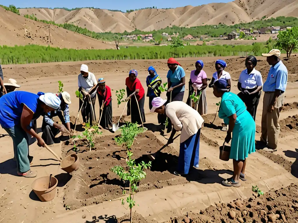 Un grupo diverso colabora plantando árboles en tierras baldías