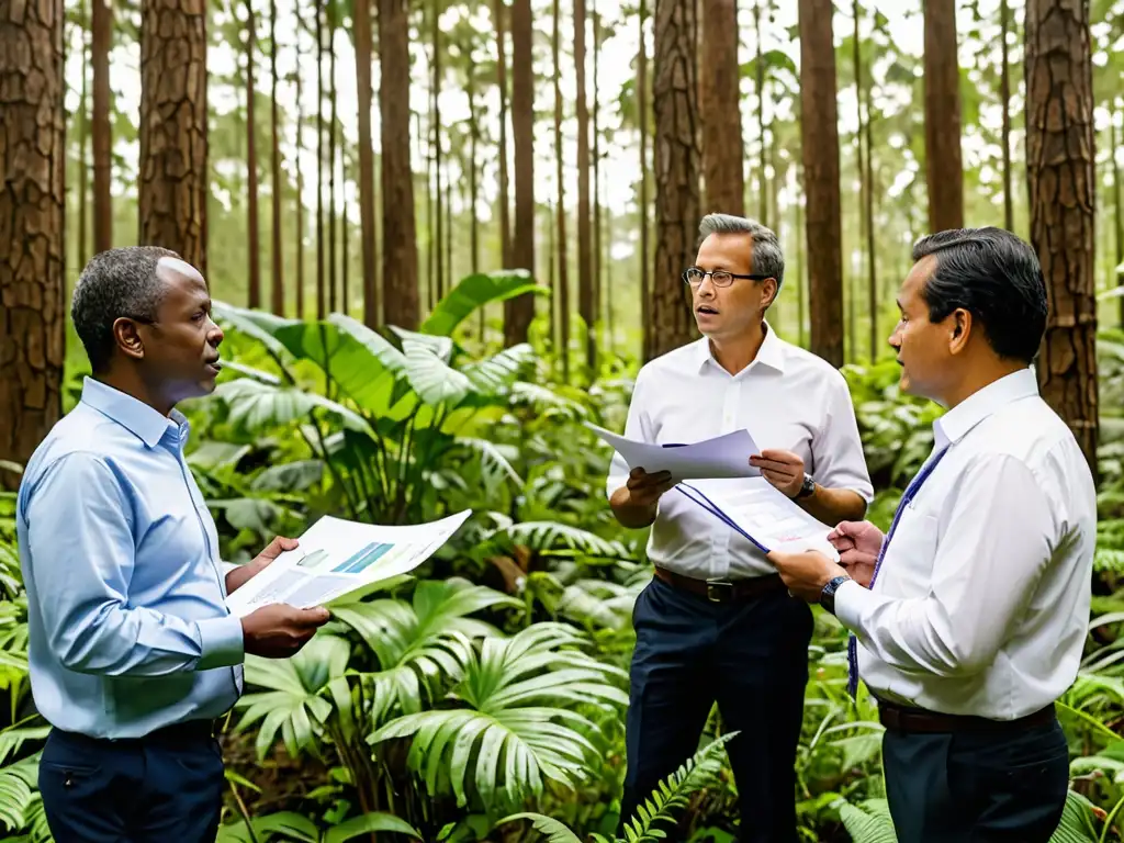 Grupo diverso de CEOs debatiendo estrategias para el liderazgo ambiental en un bosque exuberante, mostrando determinación y colaboración