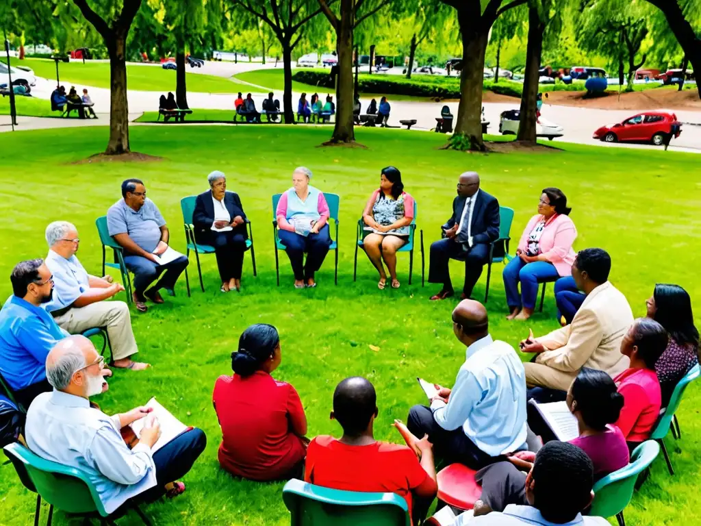 Grupo diverso en círculo, discutiendo gestión comunitaria espacios verdes legales en un parque vibrante y tranquilo