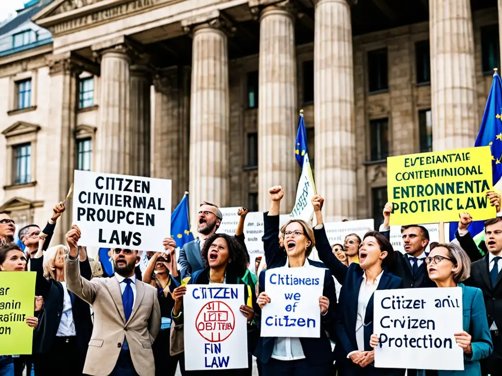 Un grupo diverso de ciudadanos protesta por la legislación ambiental europea, destacando los derechos y obligaciones ciudadanas