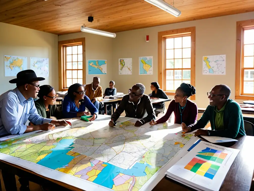 Grupo diverso de la comunidad planificando territorialmente con entusiasmo