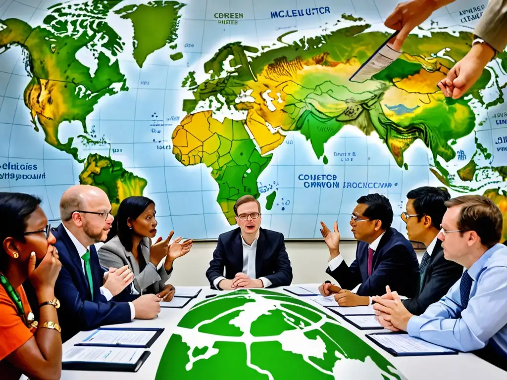 Grupo diverso debate con pasión los desafíos del Fondo Verde para el Clima financiamiento en una sala de conferencias con mapas y gráficos de fondo