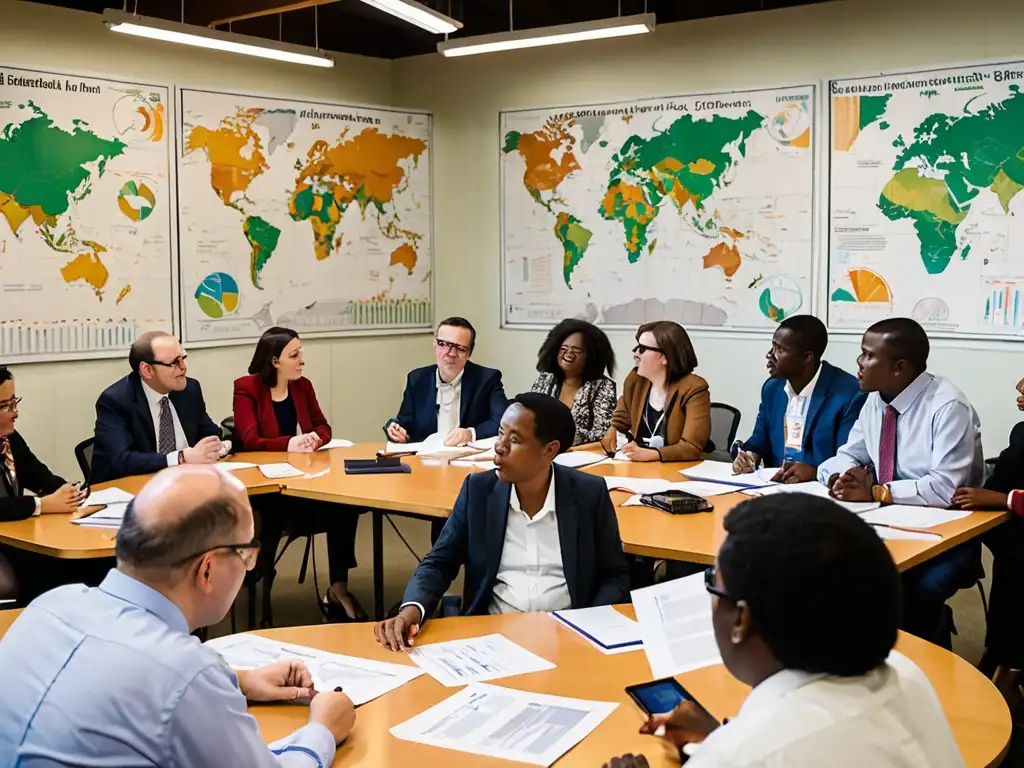 Grupo diverso debate legislación ambiental con impacto Acuerdo París en sala iluminada y colaborativa