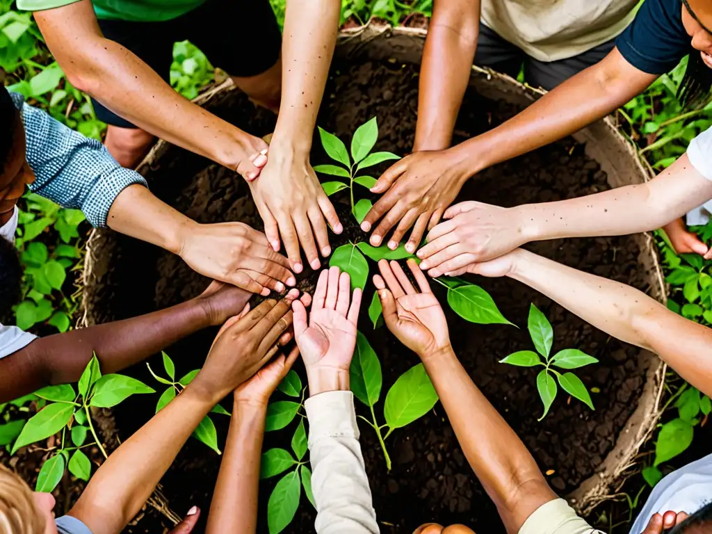 Un grupo diverso planta árboles con determinación y esperanza en un bosque exuberante