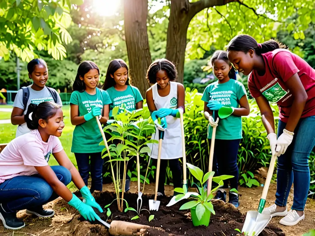 Grupo diverso de estudiantes plantando árboles con herramientas de jardinería en un entorno exuberante