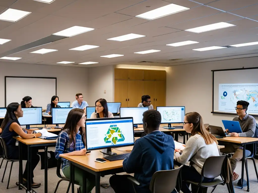 Grupo diverso de estudiantes concentrados en clase online de derecho ambiental, rodeados de libros y herramientas digitales