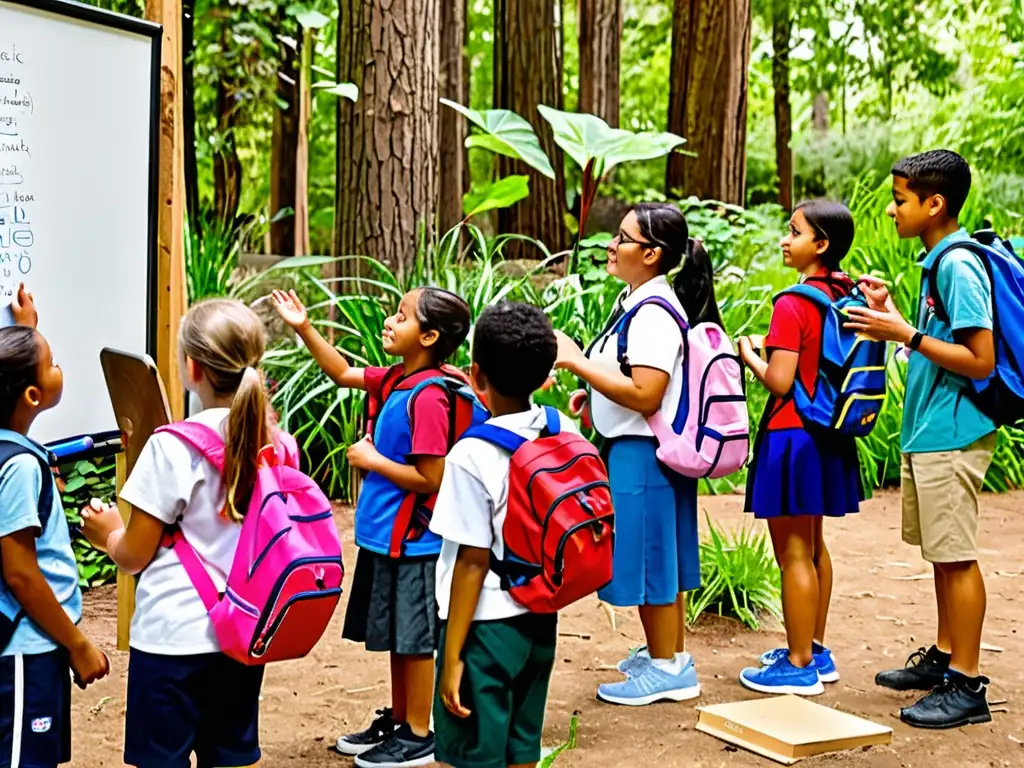 Un grupo diverso de estudiantes y un educador apasionado discuten el derecho ambiental en un aula al aire libre rodeada de naturaleza exuberante