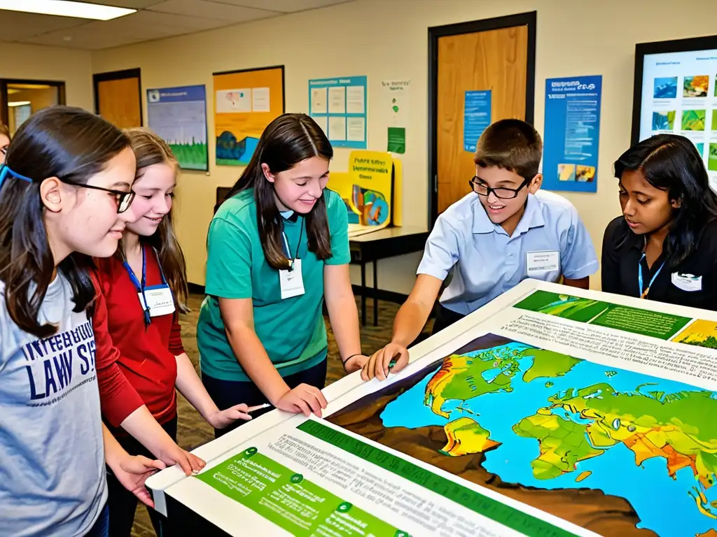 Grupo diverso de estudiantes inmersos en experiencia educativa dinámica sobre derecho ambiental en educación sostenible