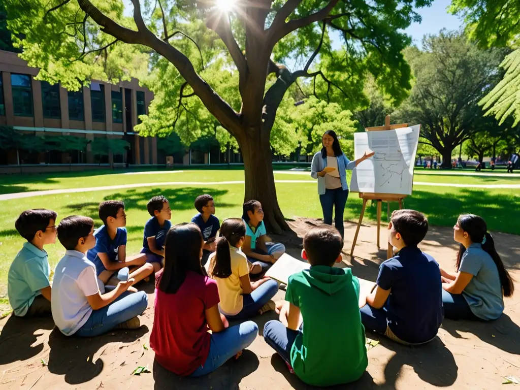 Un grupo diverso de estudiantes y un maestro discuten sobre derecho ambiental en un entorno natural