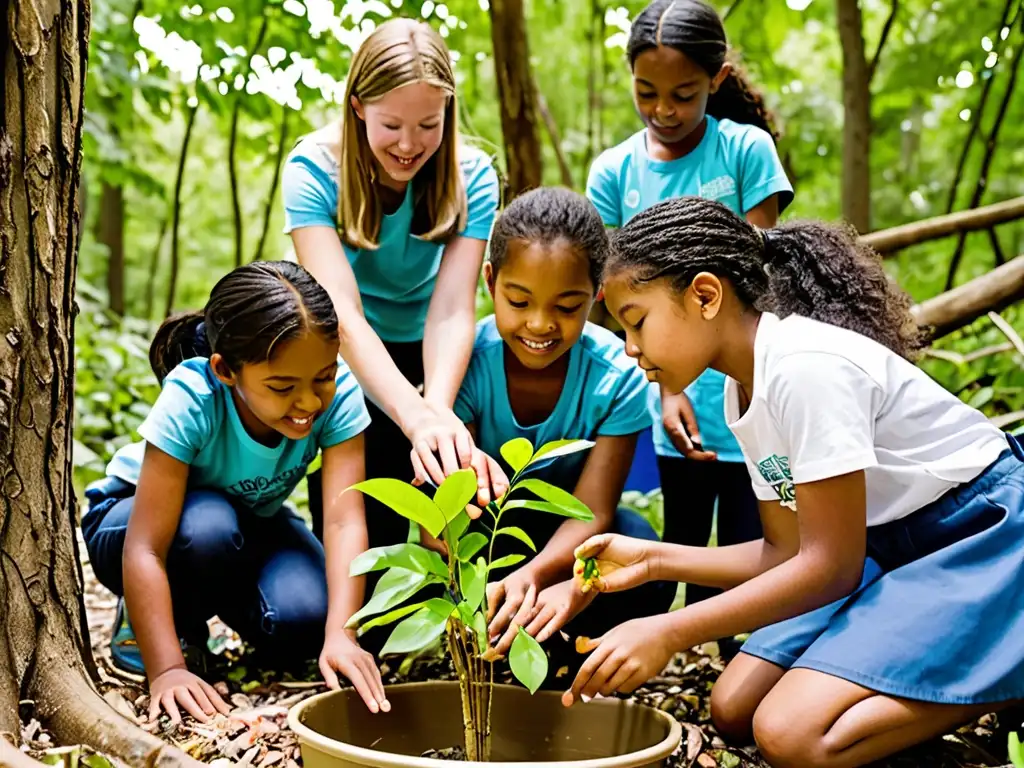 Grupo diverso de estudiantes y maestros participando en actividad de educación ambiental, mostrando conciencia legal y colaboración