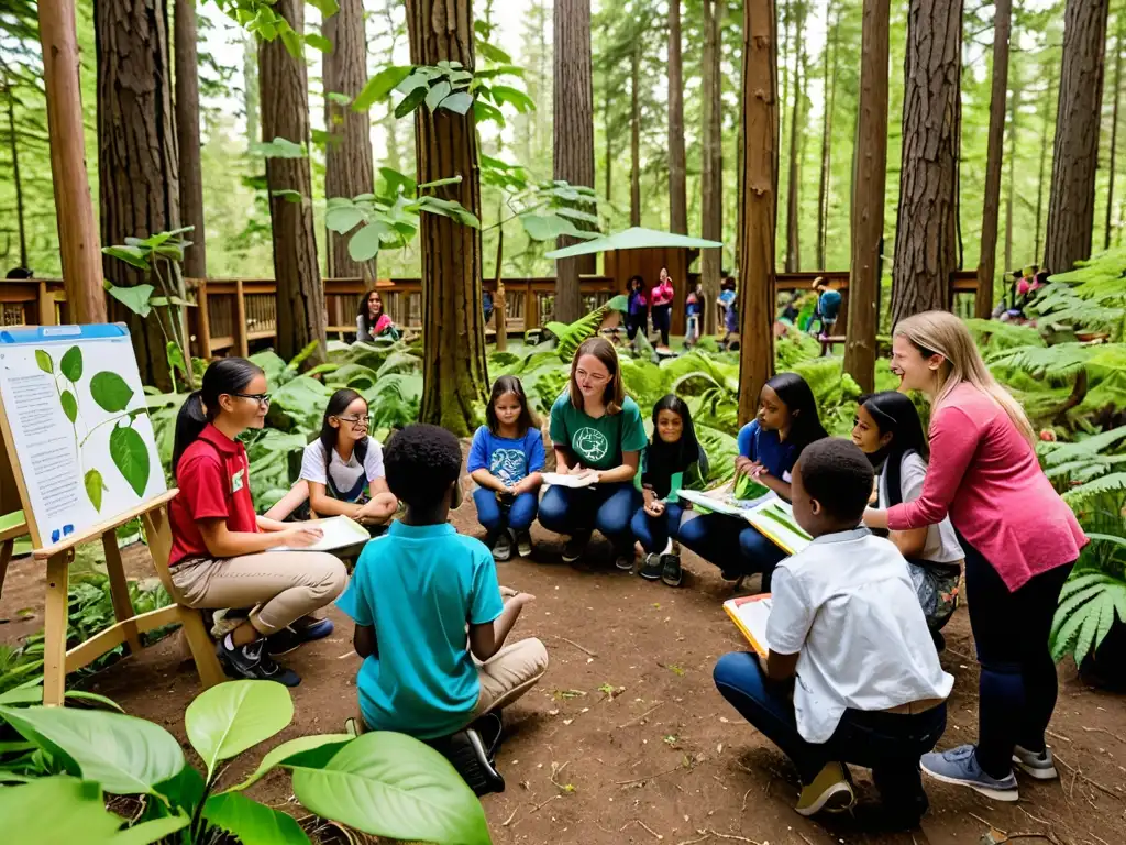 Grupo diverso de estudiantes y maestros aprendiendo con entusiasmo en un aula al aire libre rodeada de exuberante vegetación