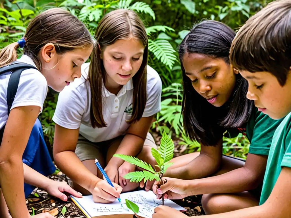 Grupo diverso de estudiantes y su profesor inmersos en estudio ambiental al aire libre, reflejando la influencia de la legislación ambiental en programas educativos