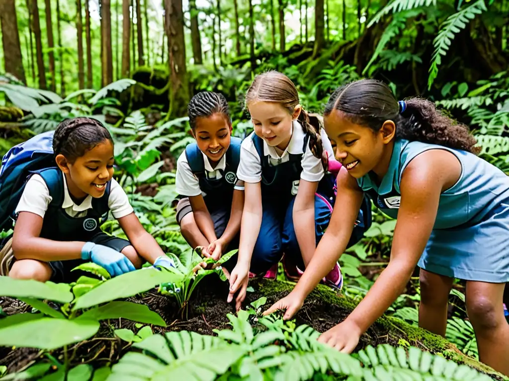 Un grupo diverso de estudiantes y profesores participa en un programa de educación ambiental al aire libre, rodeado de exuberante vegetación