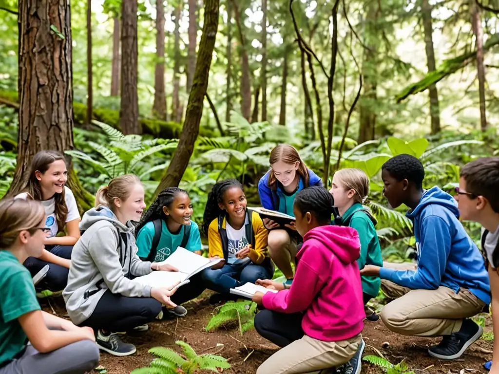 Grupo diverso de estudiantes en programa educativo al aire libre, enfocados en influencia de legislación ambiental en programas de estudio