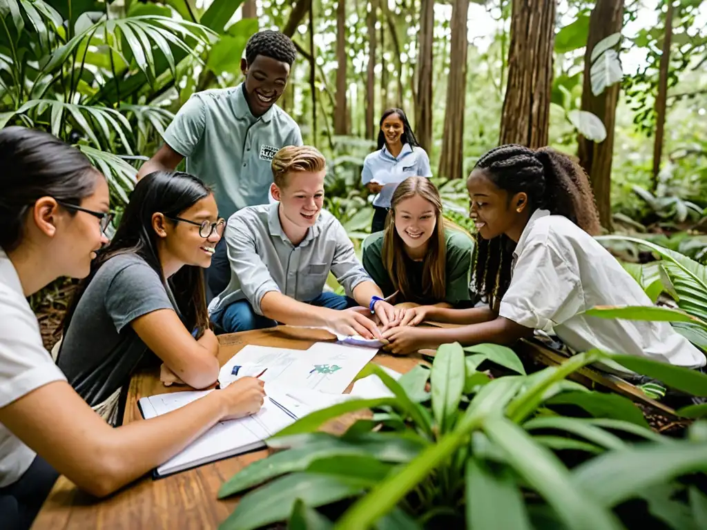 Un grupo diverso de estudiantes participa en un taller de derecho ambiental rodeado de exuberante vegetación