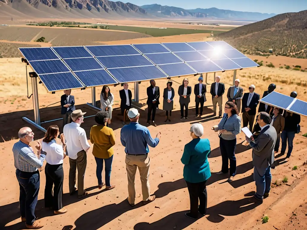 Un grupo diverso colabora frente a paneles solares, promoviendo acuerdos internacionales energías renovables