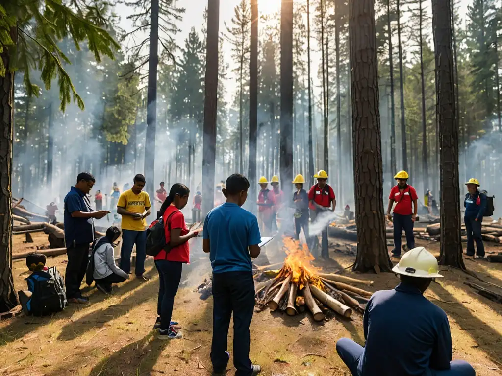 Prevención de incendios en el bosque: aprendizaje en comunidad Grupo diverso aprende prevención de incendios forestales en un taller al aire libre entre árboles altos y luz cálida