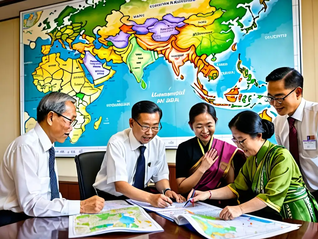 Un grupo diverso de individuos de diferentes países asiáticos se reúne para discutir la legislación ambiental en Asia, rodeados de mapas, gráficos y documentos, en un ambiente de unidad y determinación