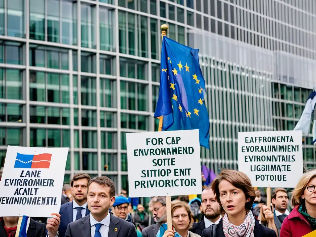 Un grupo diverso de legisladores y activistas se reúnen frente al Parlamento Europeo en Bruselas, abogando por una legislación ambiental más sólida bajo un cielo nublado