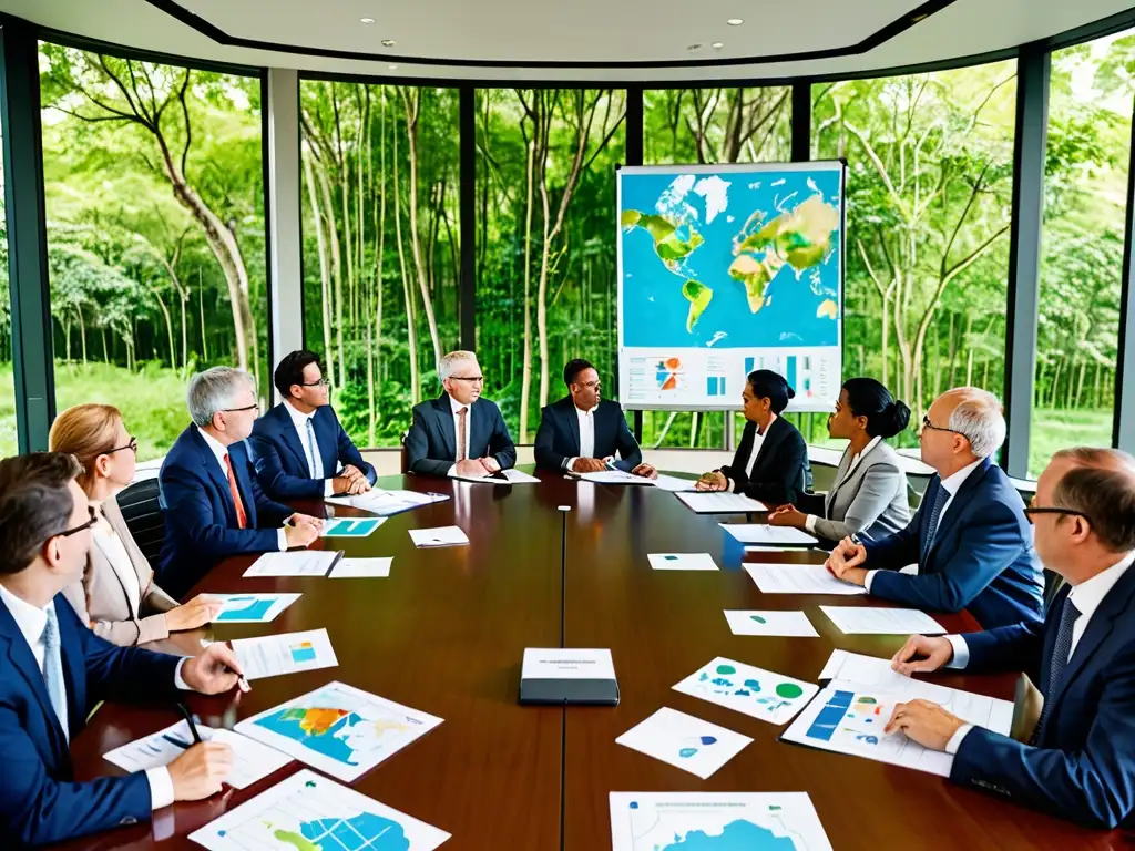 Grupo diverso de líderes empresariales e expertos ambientales en mesa redonda, discutiendo equilibrio inversión extranjera legislación ambiental