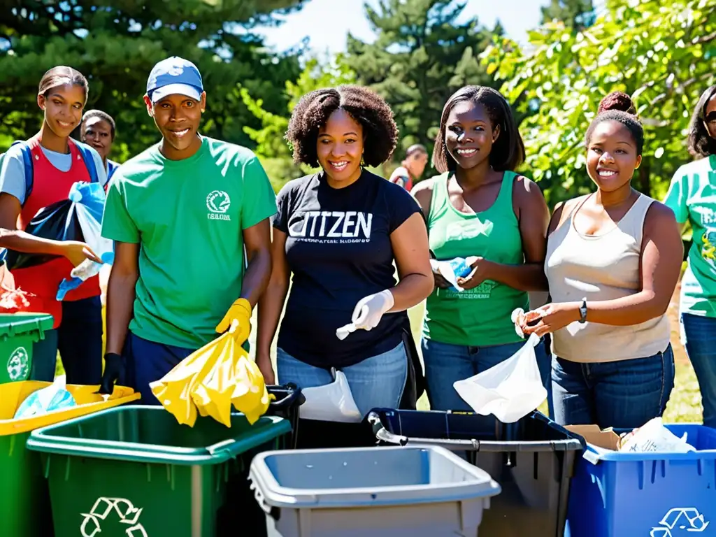 Un grupo diverso participa en la limpieza de un parque, recogiendo basura y clasificando reciclables en un día soleado