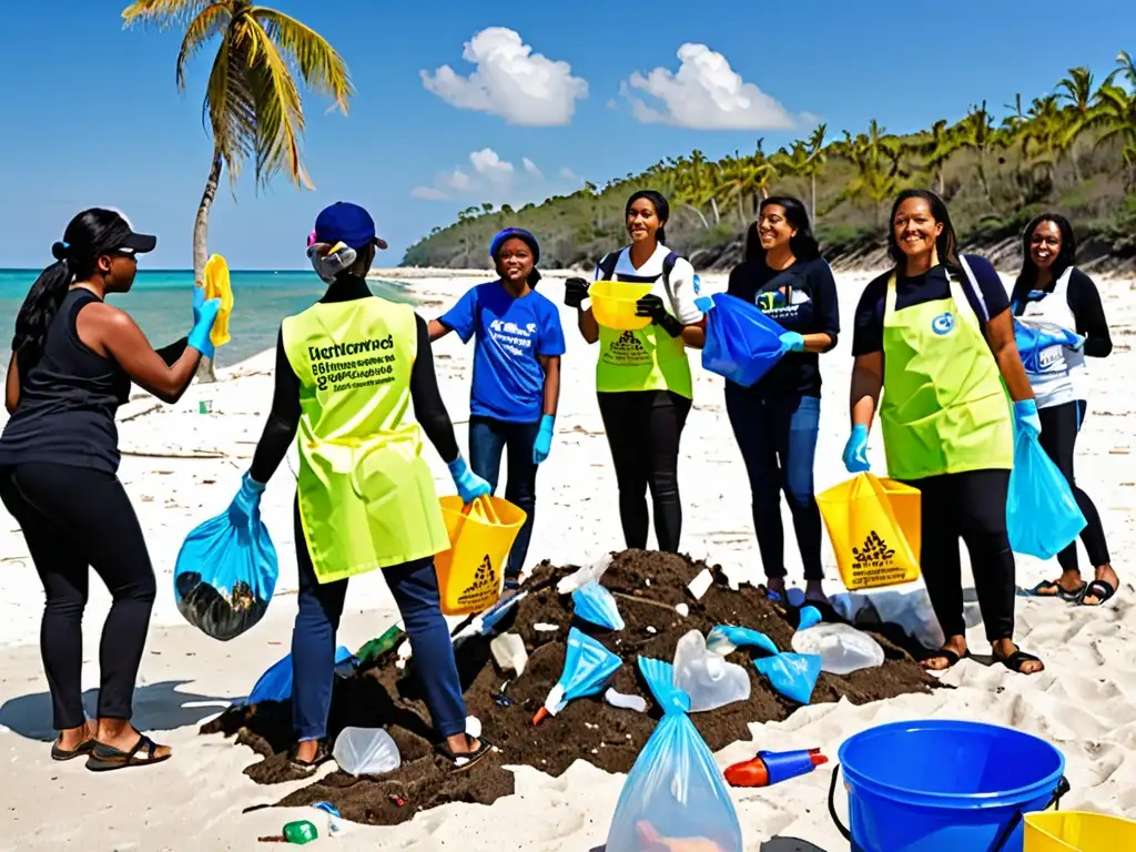 Grupo diverso en limpieza de playa, promoviendo la intersección legal de derechos humanos y medio ambiente