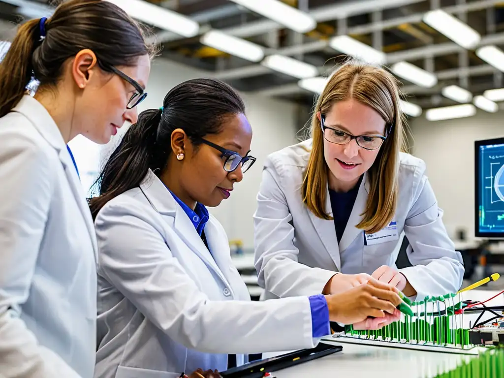 Grupo diverso de mujeres ingenieras y científicas colaborando en proyectos innovadores en instalación de energía renovable