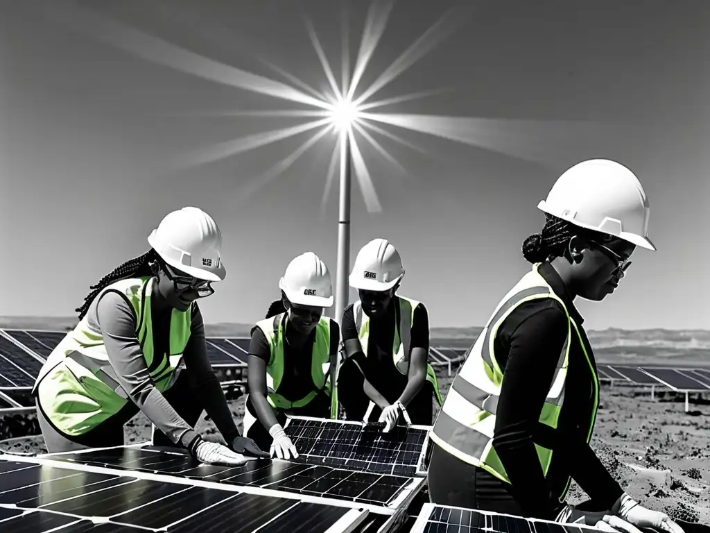 Un grupo diverso de mujeres ingenieras y técnicas colaboran en un campo solar, instalando paneles solares