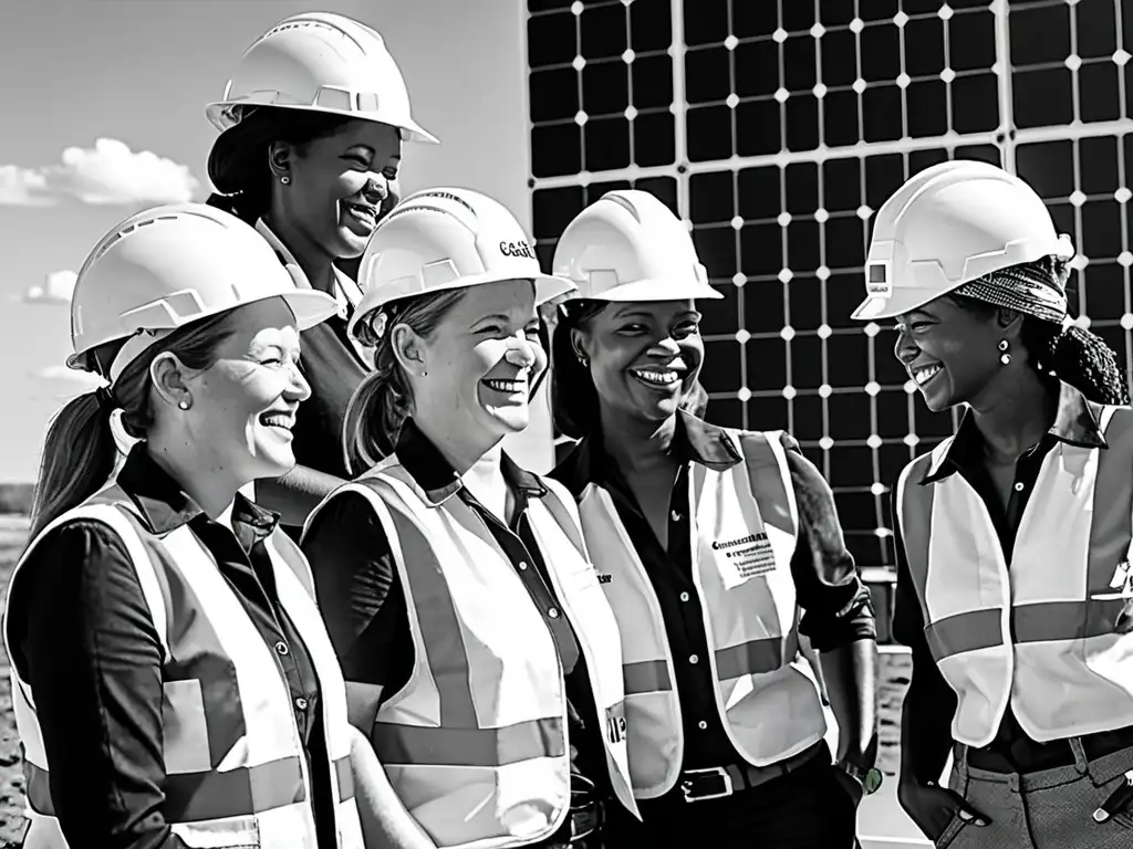 Un grupo diverso de mujeres en trajes de trabajo y cascos, sonriendo y discutiendo frente a una instalación de paneles solares