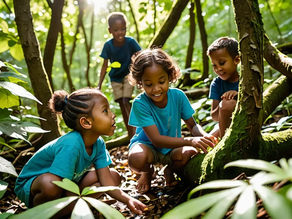 Un grupo diverso de niños juega y explora en un exuberante bosque, resaltando la conexión entre la infancia y el medio ambiente