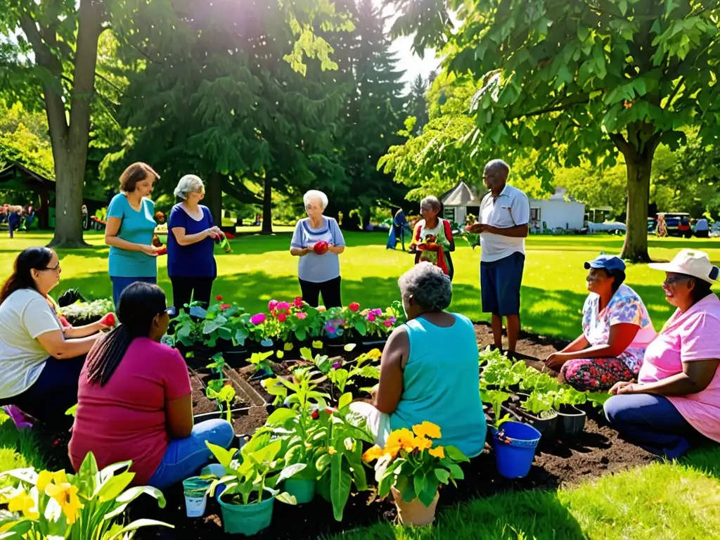 Un grupo diverso se reúne en un parque verde, participando en un proyecto de jardinería comunitaria