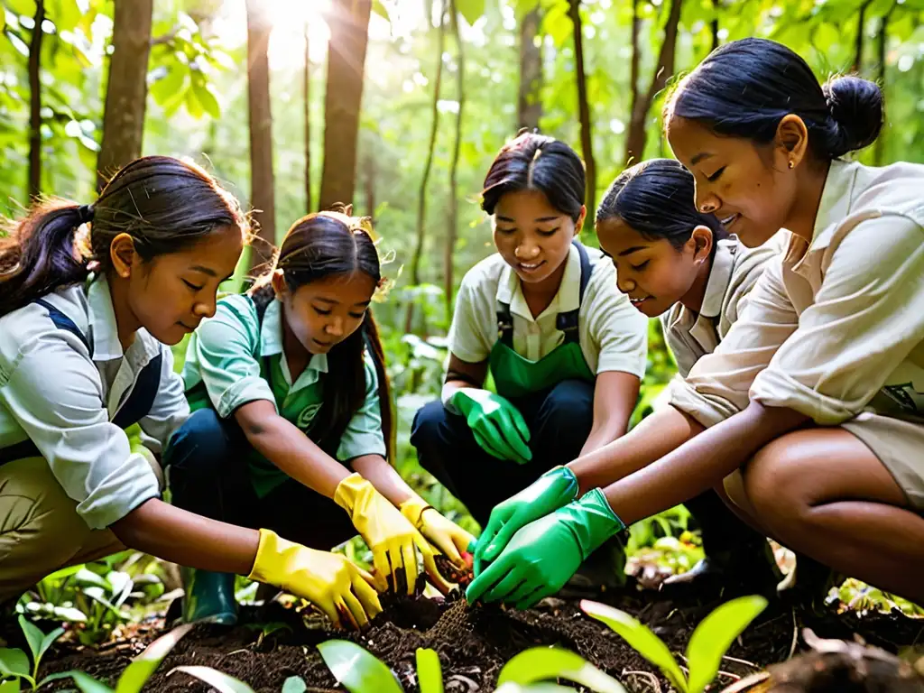 Grupo diverso de personas plantando árboles en el bosque, contribuyendo a la transición hacia economía baja carbono