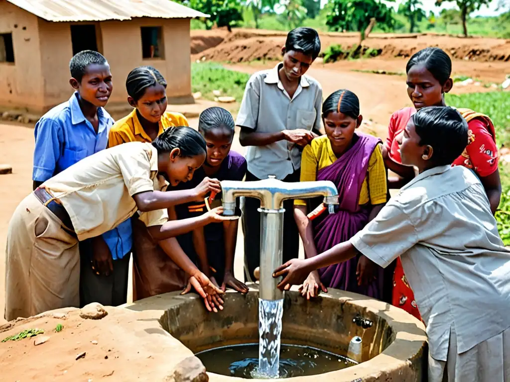 Un grupo diverso de personas se reúne alrededor de una fuente de agua comunitaria, destacando la necesidad universal de acceso al agua potable