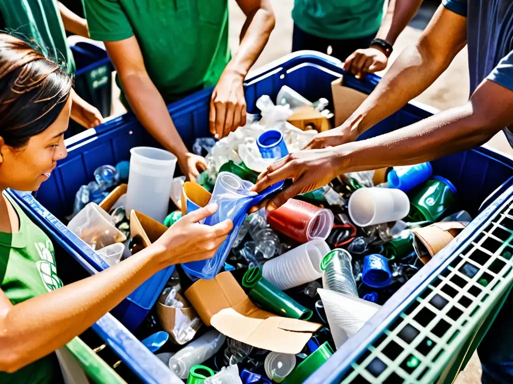 Un grupo diverso de personas separa materiales reciclables en un centro de reciclaje, mostrando esfuerzos meticulosos y conscientes del medio ambiente