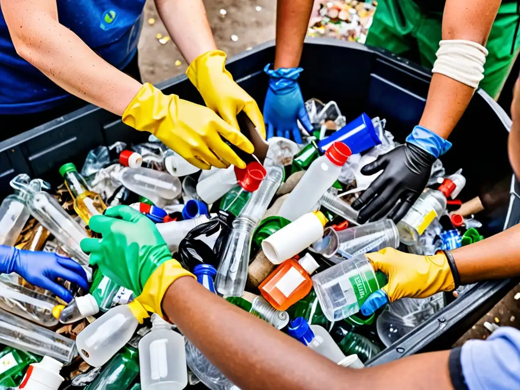 Un grupo diverso de personas participa en un programa de reciclaje comunitario, clasificando distintos tipos de residuos en un centro de reciclaje