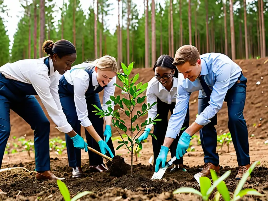 Grupo diverso de profesionales plantando árboles en proyecto de reforestación, mostrando determinación y cooperación