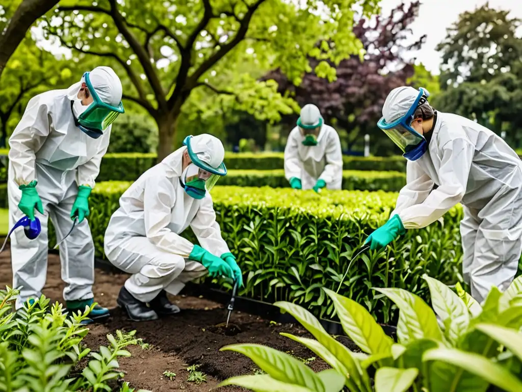 Un grupo diverso de profesionales aplica pesticidas naturales en un parque urbano, destacando la regulación de pesticidas en áreas verdes urbanas