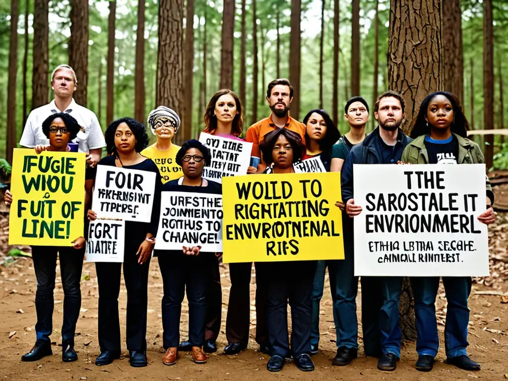 Un grupo diverso pacíficamente protesta por los derechos animales y legislación ambiental en un bosque exuberante