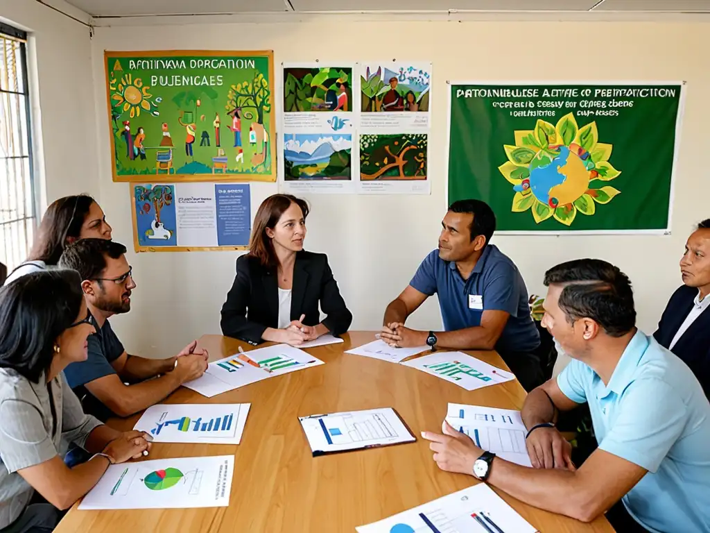 Participación Activa en Asuntos Ambientales: Reunión Comunitaria Grupo diverso participando en una reunión comunitaria sobre asuntos ambientales