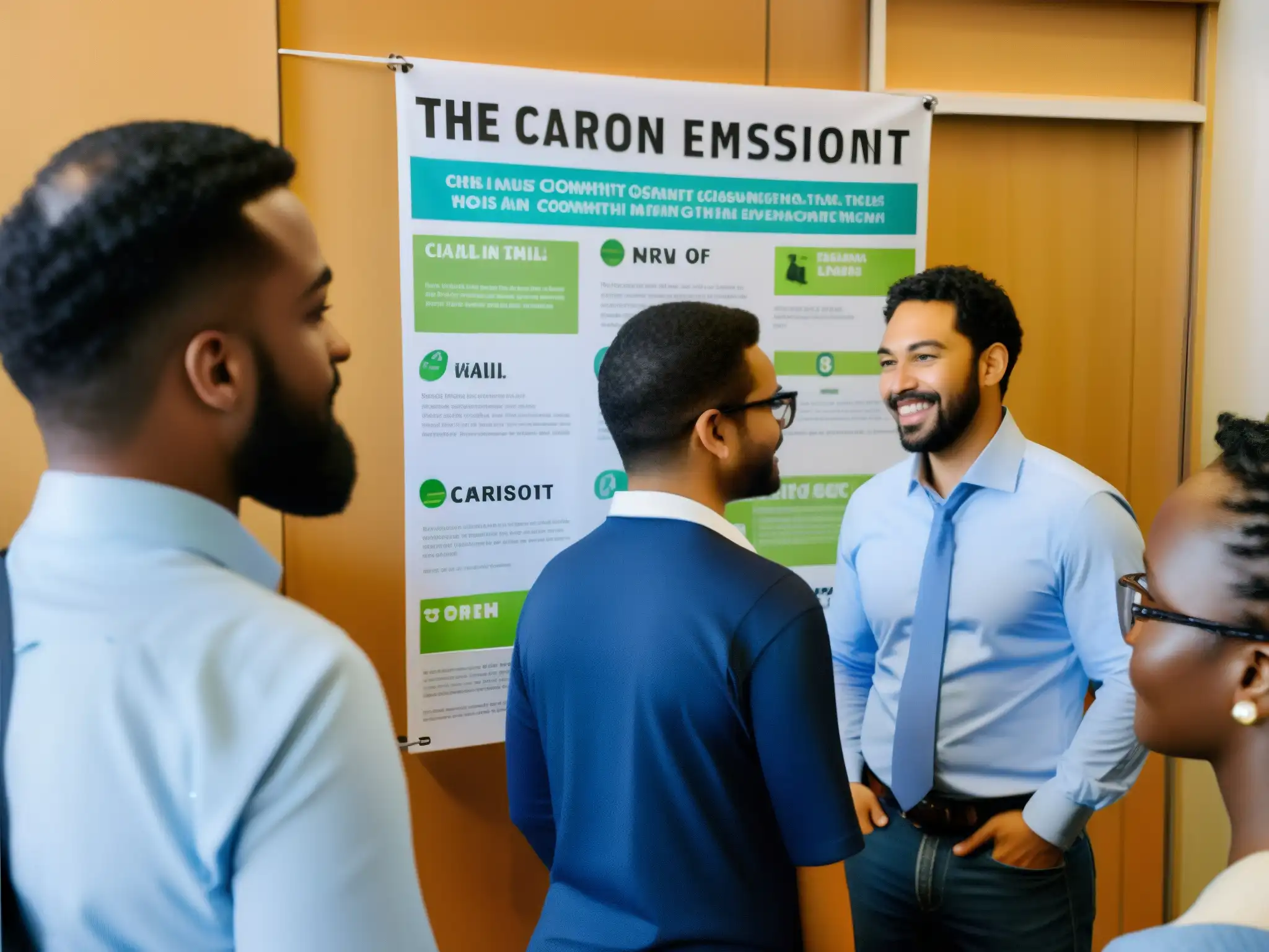 Un grupo diverso se reúne en una sala comunitaria para planificar estrategias legales de reducción de emisiones de carbono