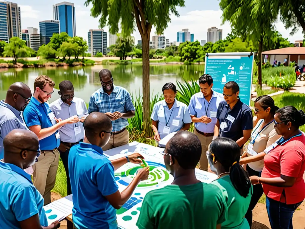 Un grupo diverso participa en un taller de conservación del agua en una ciudad sostenible, interactuando con materiales educativos