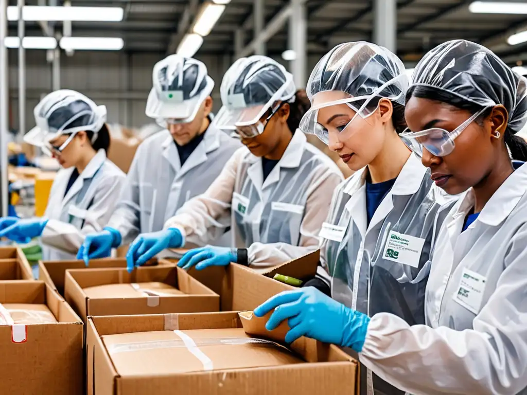 Un grupo diverso de trabajadores inspecciona y clasifica materiales de embalaje sostenible en una instalación