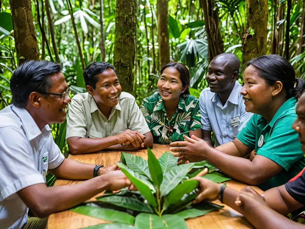 Grupo diverso de trabajadores de ONG y miembros de la comunidad colaboran en legislaciones comunitarias protección fauna flora en un exuberante bosque tropical