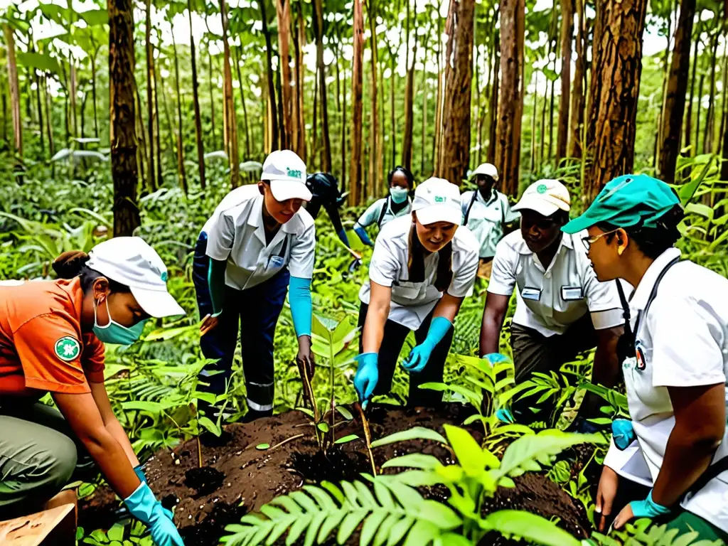 Un grupo diverso de voluntarios y científicos colabora en la restauración de especies mediante leyes ambientales en un exuberante bosque