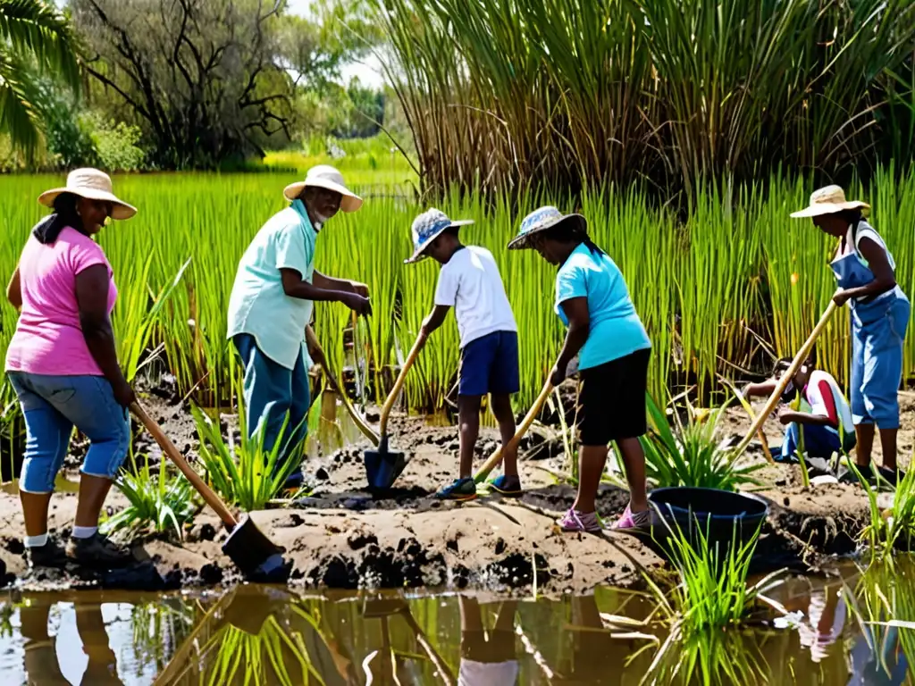 Grupo diverso de voluntarios preservando humedales con Tratado eficaz preservación humedales Ramsar